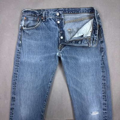 Levis 501 Jeans Mens 34x36 Blue Button Fly Denim Pants Faded Thrashed Distressed