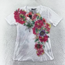 BCBG Paris Shirt Womens Small White Floral Embellished V Neck Tee TPU1415 Spring