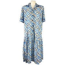 Daxon Dress 18 Women Blue Polyester 1980s Vintage Button Front Fit & Flare Dress