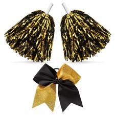 3 Pcs Cheerleading Pom Poms and Large Cheerleader Hair Black and Gold Metallic