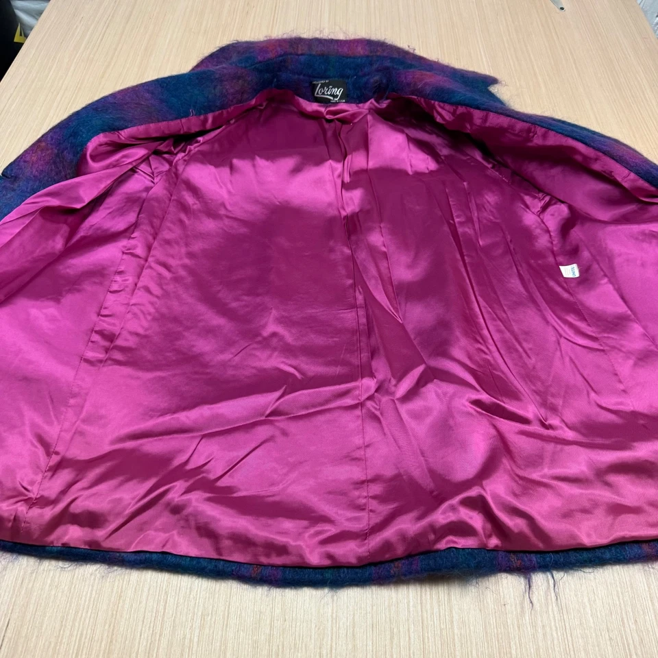 Abrigo Mohair Vintage Años 60 Cuadros Hecho en Unión EE. UU. Chaqueta Rosa Azul Mujer XL Atomic Foto 2 de 4