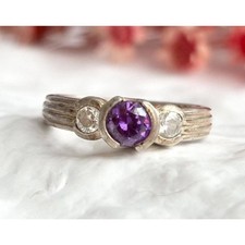 Fluted Amethyst  CZ Gemstone Sterling Silver 925 Vintage Ring - sz 6.5