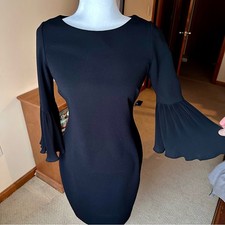 Calvin Klein Black Sheath Dress with Bell Pleated 3/4 Sleeves Sz 4