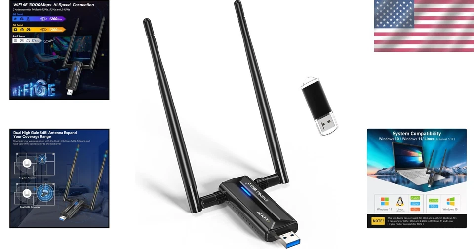 Tri-Band USB 3.0 WiFi 6E Adapter - Dual Antennas for Maximum Range & Stability - Image 2 of 4