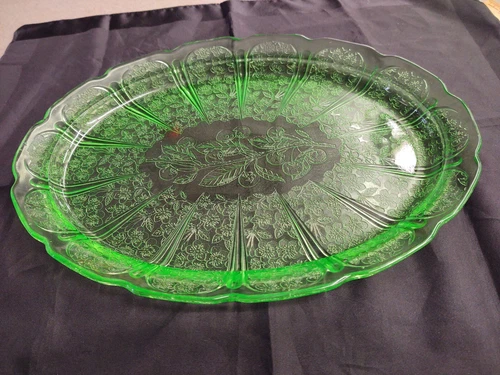 Jeannette "CHERRY BLOSSOM" GREEN DEPRESSION GLASS 13" OVAL PLATTER