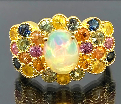 TOPMK-SCHMUCK RING GR.19(CA.60) 925/-SILBER VERG. MULTI SAPHIR & ÄTHIOP OPAL
