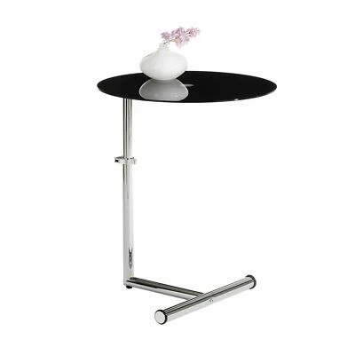 Table d'appoint ronde bout de canapé hauteur ajustable et verre trempé noir - Photo 1/2