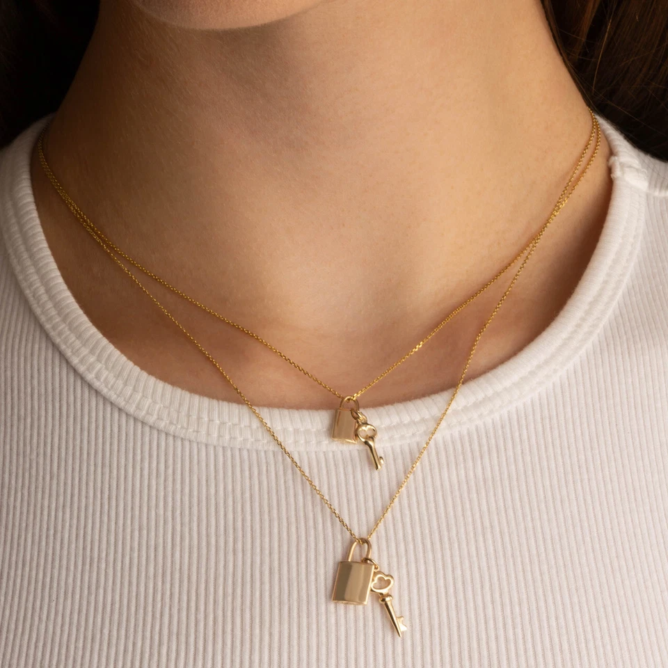 14K Yellow Gold Lock & Key Charm Pendant Necklace (Available in Small/Large) - Image 2 of 4