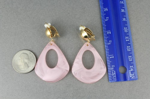 Pink Gold Clip On earrings marbled swirl oval clips lightweight 2.25" long - 第 2/9 張圖片