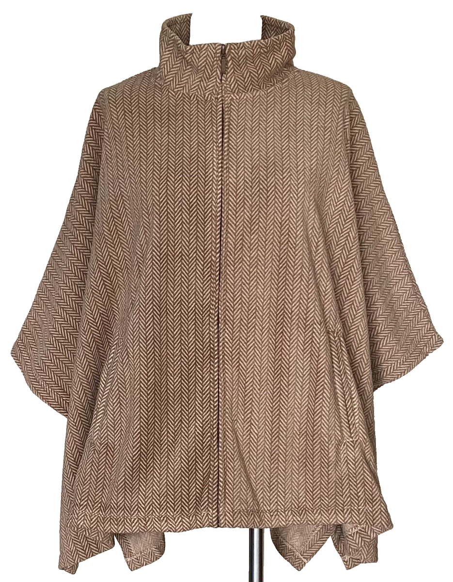 LL Bean Herringbone Fleece Poncho Cape Ruana Beige Brown LL Bean Herringbone Fleece Poncho Cape Ruana Beige Brown
