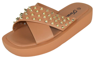 Forever Women Sandals Crisscross Studded Strap Spikes Band Platform SURE75 Brown