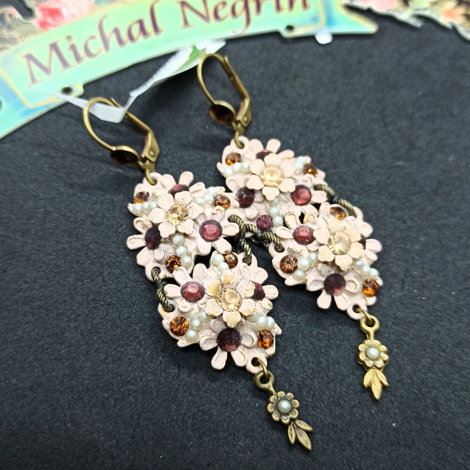 Michal Negrin Earrings Long Champagne Flowers With Crystals and Pearls New Gift - Image 4 of 4