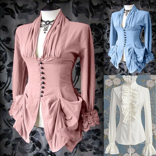 Tops Color Victorian Costume Steampunk Long Sleeve Vintage Women Shirt Solid - Imagen 2 de 13