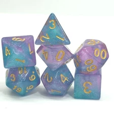 New 7 Piece Polyhedral Byzantium Teal Purple Glitter Dice Set With Dice Bag RPG