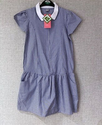 TU Mädchen Alter 10 dunkelblau & weiß Schulkleid Gingham Reißverschluss Sommeruniform NEU