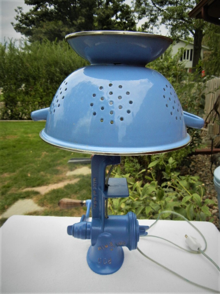 REPURPOSED BABY BLUE FOOD CHOPPER ELECTRIC TABLE LAMP ENAMELWARE