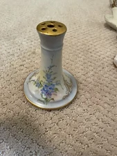 Vintage, PL Limoges France porcelain hat pin holder w/floral motif&gold accents