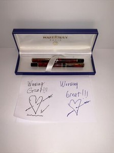 Vintage Waterman Fountain & Roller Point Pen Set Marbled Red Black Gold Nib M