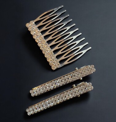 Silver Tone Rhinestone Hair Comb & Clips for Wedding Prom New Years ...