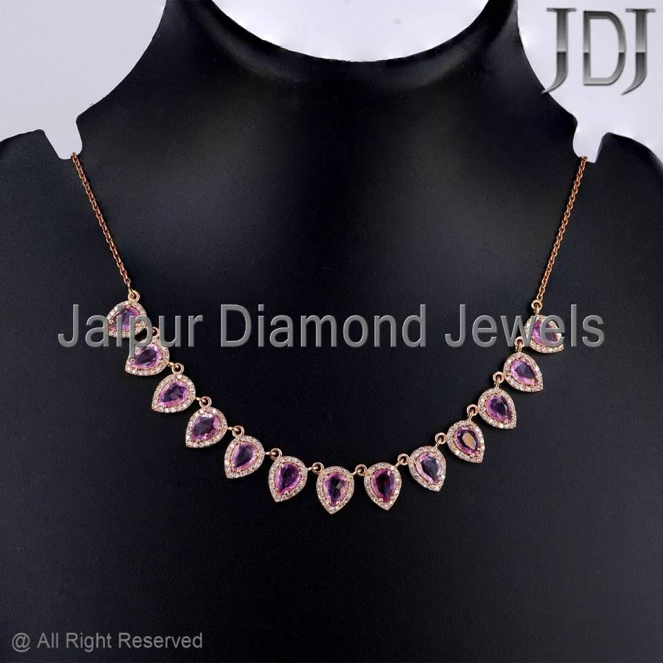 Collar de piedras preciosas de zafiro rosa diamante genuino sólido de 14k Foto 3 de 4