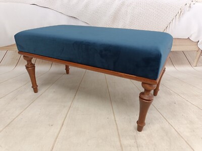 Navy Blue Ottoman Bench Handmade Tufted Rectangular Wood Frame Bedroom