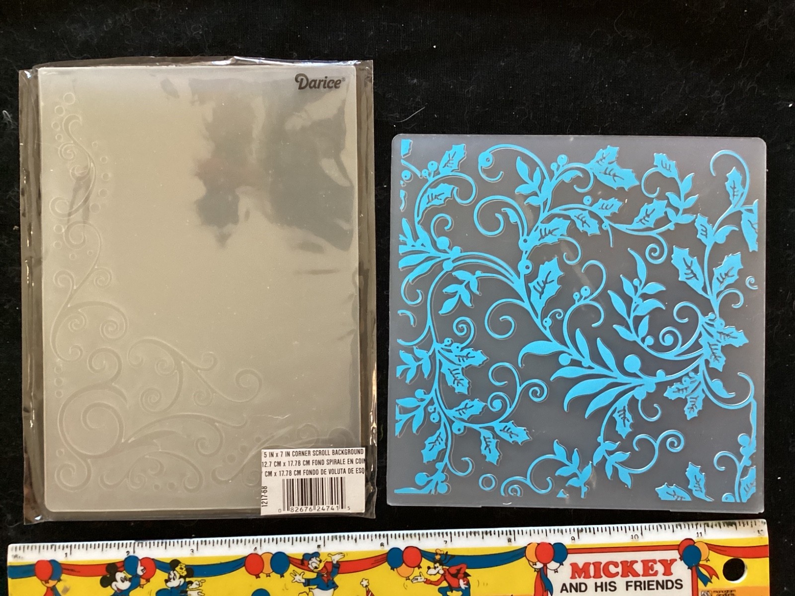 5 darice embossing folders 1 unknown folder. Leaves frame corner scroll used