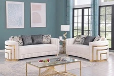 NEW 2PC Cream Gold Sofa Loveseat Velvet Contemporary Glam White Living Room Set