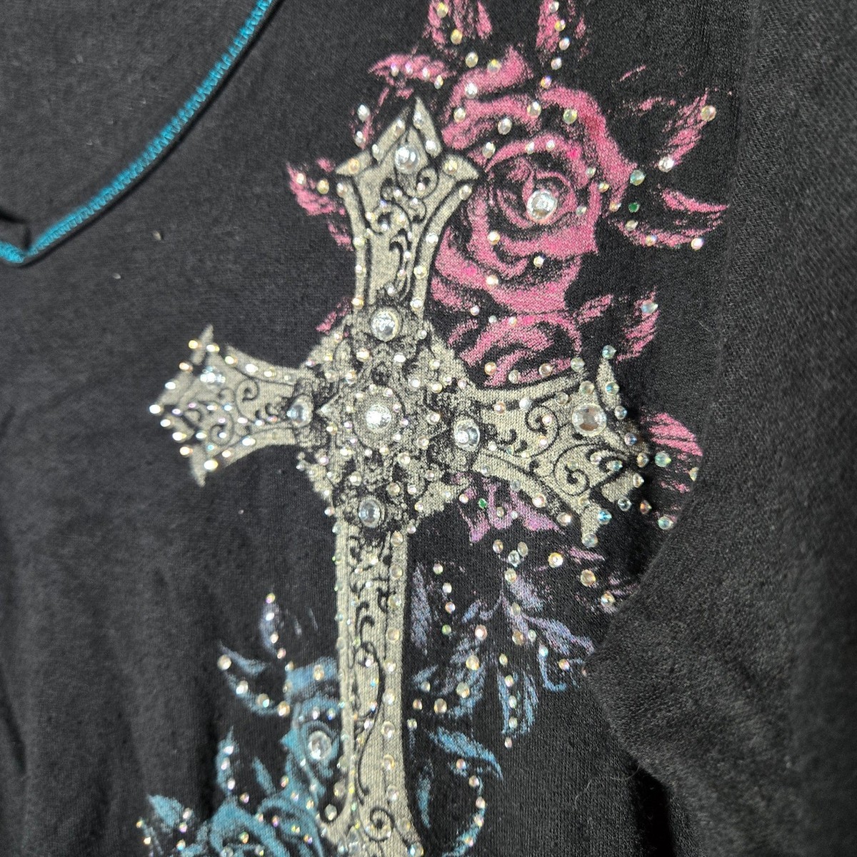 Black Long Sleeve Rhinestone Cross Top XL Y2K Gothic Grunge 