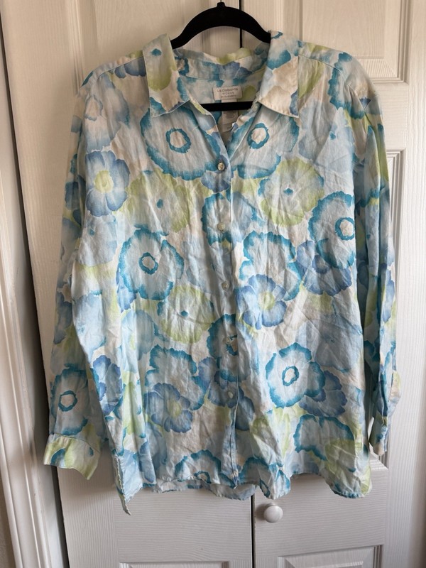 Liz Claiborne 100% Linen Shirt Top Tunic Sz 3X Blue Floral Coastal Beachy Flowy