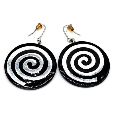 Retro Black & Silver Spiral Circle Dangle Earrings   Hypnotic Statement Jewelry