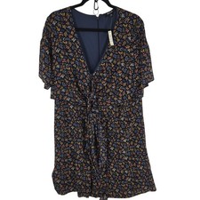 Madewell Dress Womens 22 Navy Floral Short Sleeve V Neck Lined Tie Waist A-Line