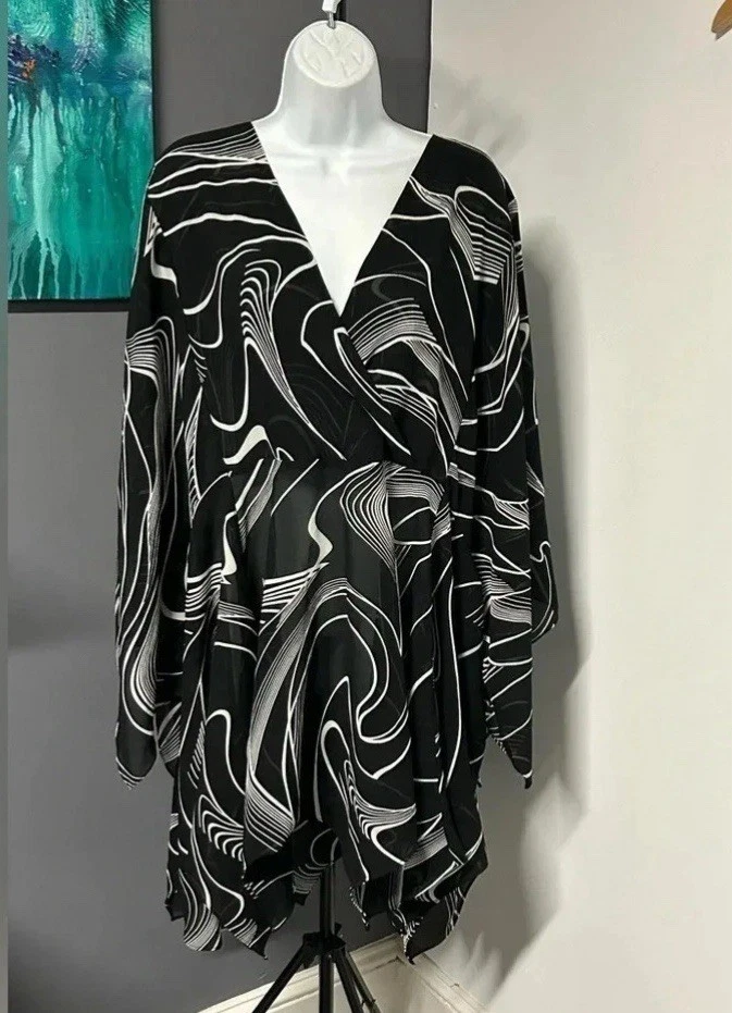 Lane Bryant Women’s 26/28 Sheer Kaftan Mumu Cover Up Black White Resort Beachy - Image 3 of 4