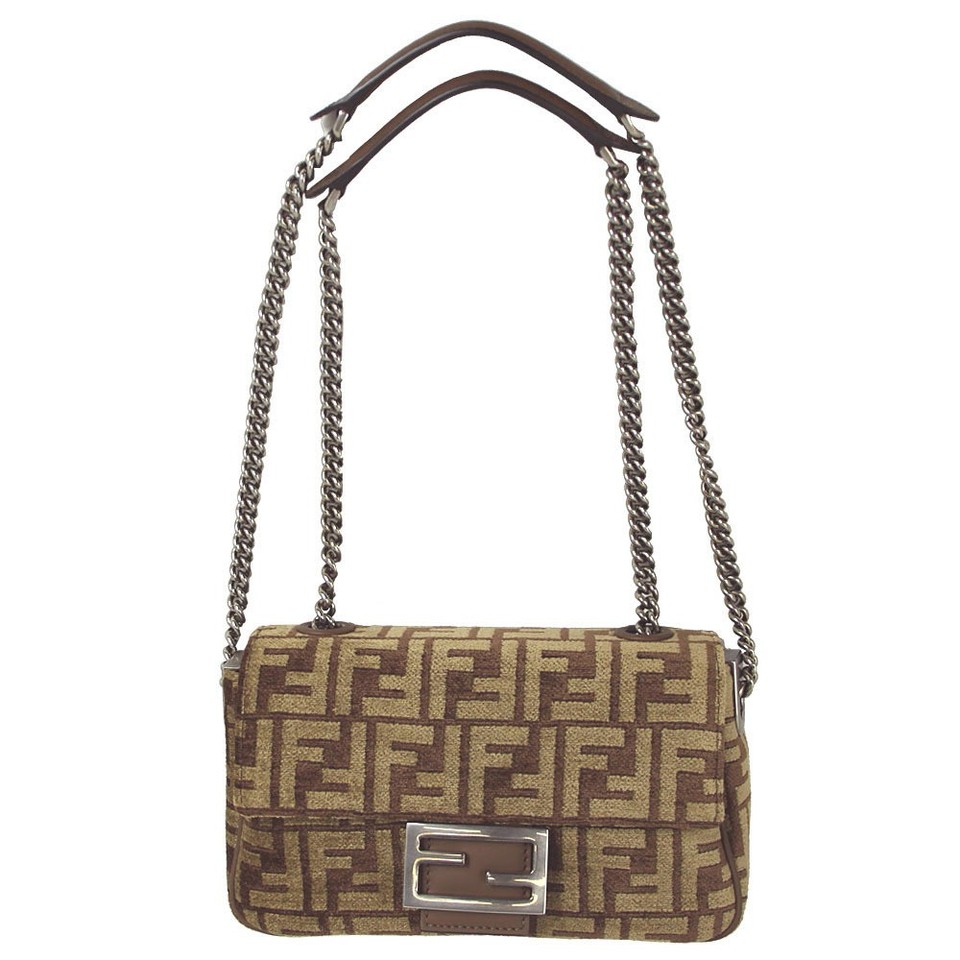 Fendi Baguette Chain Midi FF Tapestry Shoulder Bag Brown 8BR793