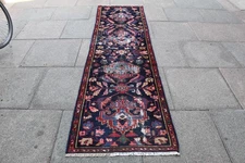 Vintage Worn Hand Made Traditional Oriental Wool Blue Long Runner 280x75cm