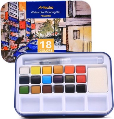 Artecho Aquarellfarben Set, 18 Basic Farben Wasserfarben, mit Wassertank-Pinsel
