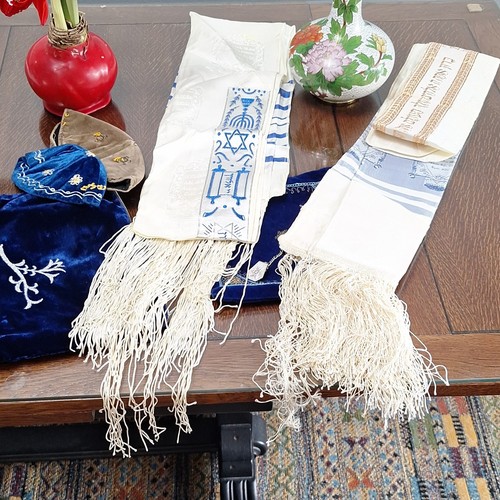 2Embroidered Jewish Tallis Prayer Shawls, Blue Gold Designs, Velvet Bag, Kippahs