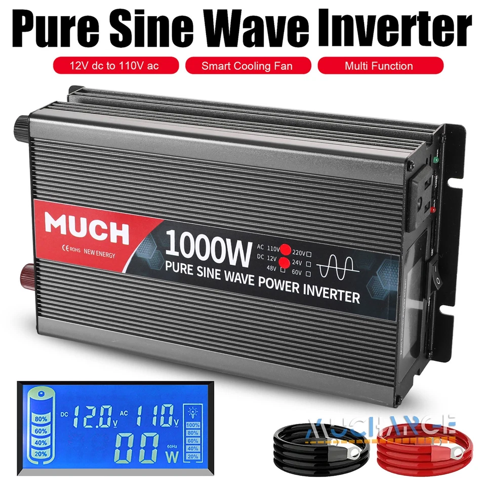 MUCH 1000W LCD Pure Sine Wave Power Inverters DC 12V To AC 110V 120V Solar Converter