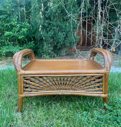 Vtg Pier One? Natural Rattan Wicker Poof Stool Handmade Ottoman Footstool