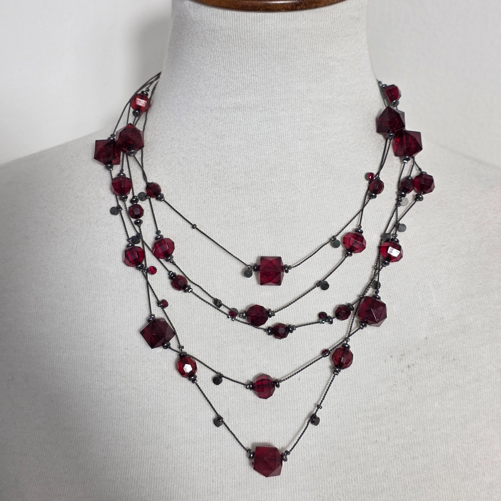 Multi-Strand Tiered Necklace Ruby Red Faceted Bea… - image 2