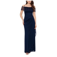 XSCAPE Blue Evening Column Gown Off the Shoulder Beaded Chiffon Dress Size 14