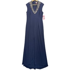 Vince Camuto Beaded Nay Blue V Neck Maxi Formal Evening Dress Women 10