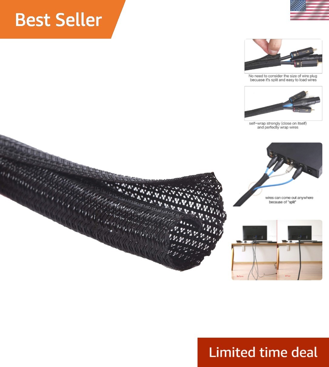 Pet Resistant 25ft Cord Protector - 1/2 Inch Black Wire Loom for Cable Security