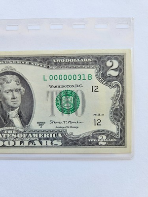 #ad 2017A Two Dollar Bill Low Serial Number 00000031 Excellent Condition $350.00