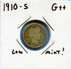W@W 1910-s  Barber Dime, ( Low Mintage !!!! )  G++ !!!!!!!!!!