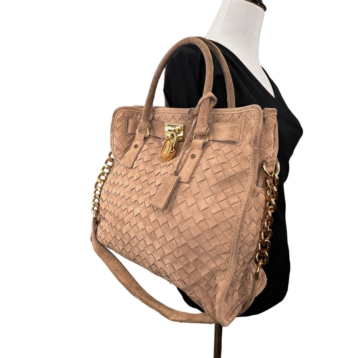 Michael Kors Hamilton Suede Bag Tote Camel Tan Woven Gold Tone Lock Key