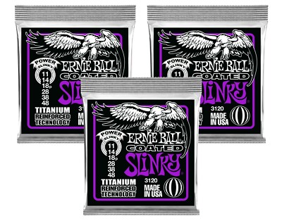 3 PACK Ernie Ball P03120  Coated Power Slinky Strings, 11-48