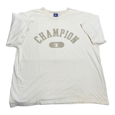 VTG Men s Size XL Champion Spell Out Logo White Short Sleeve Graphic T-Shirt USA