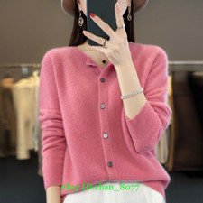 100 Wool Cashmere Women's Round Neck Loose Knit Cardigan Sweater Jacket Coat
