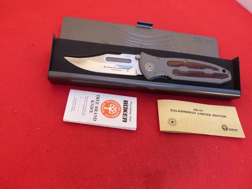 Boker Kalashnikov Liner Lock Folding Knife 4" Blade, Aluminum w/burlwood inlays