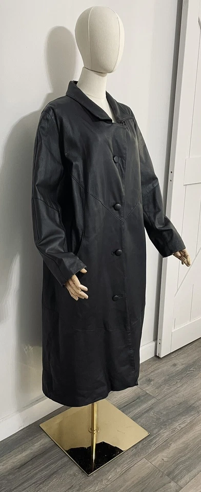 Винтажный ROAMAN женщин размер L черный 100% кожи Тренч длинная куртка с подкладкой - Изображение 4 из 4